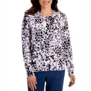 Karen Scott Women's NWT Cotton Blend Purple Animal Print Cardigan Sweater Top